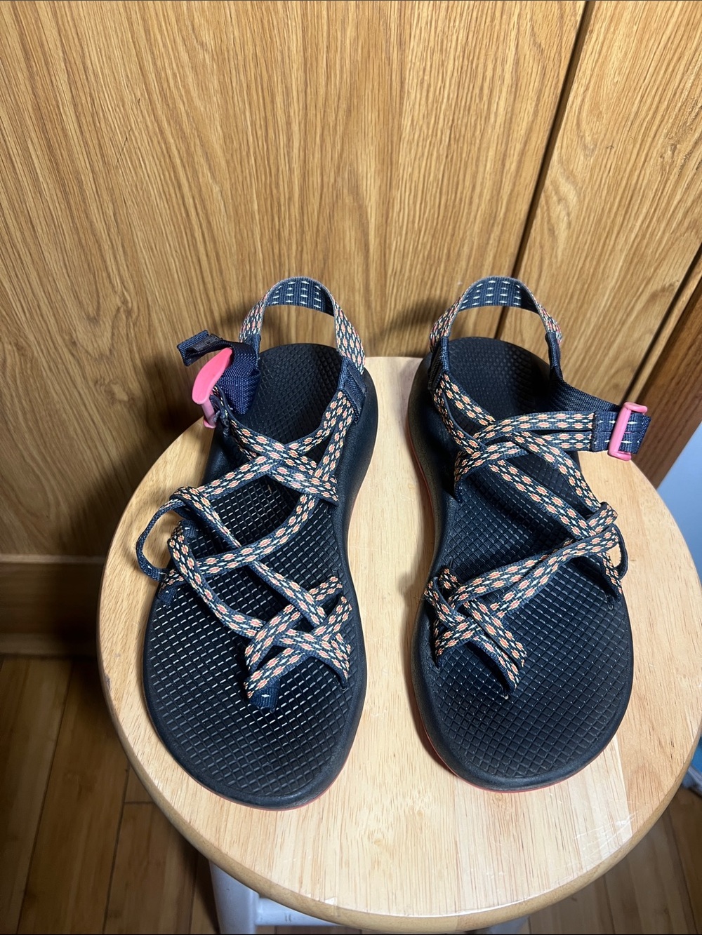 Chaco Women's Black Sandals with Pink and Orange Strap Accents